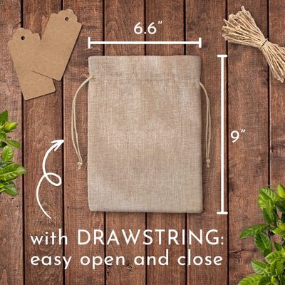 дюймы сумок drawstring 6.6x9 мешковины с 50 бирками и 50 бирками. Сумки мешковины для всех случаев. Многоразовые сумки подарка